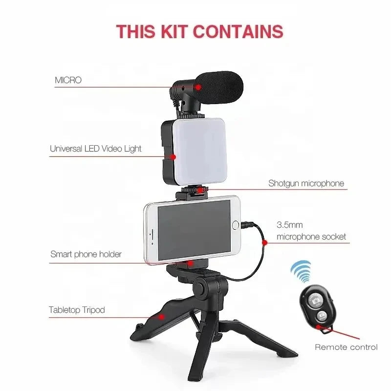 Smartphone Vlogging Kit With Tripod Phone Holder Mini Microphone LED Fill Light Starter For TikTok Live Stream Video YouTube