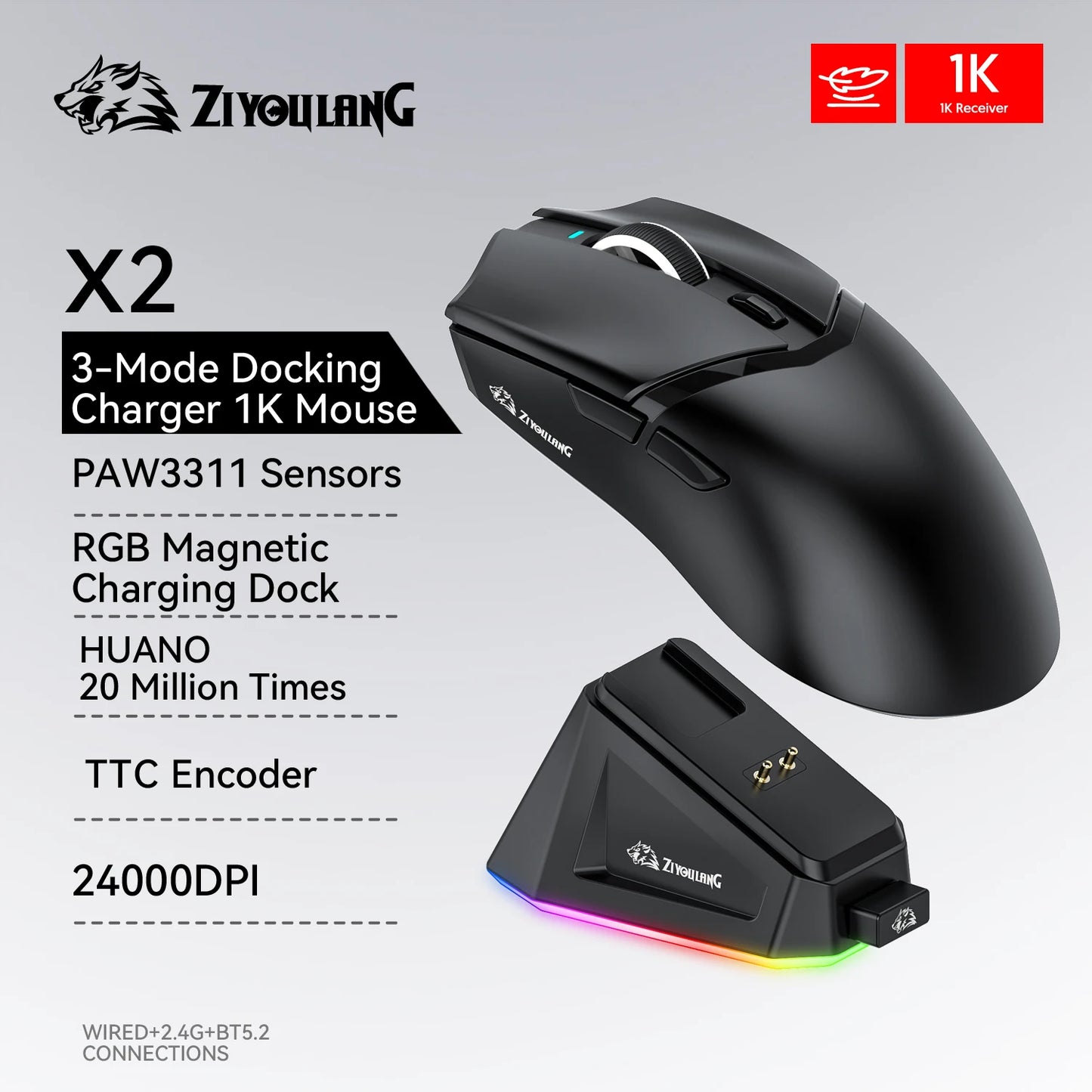 X2 wireless mouse PAW3311 like shark attack x11, Bluetooth/2.4G/wired mouse suitable for mini PC laptops gaming, Macro DPI 24000