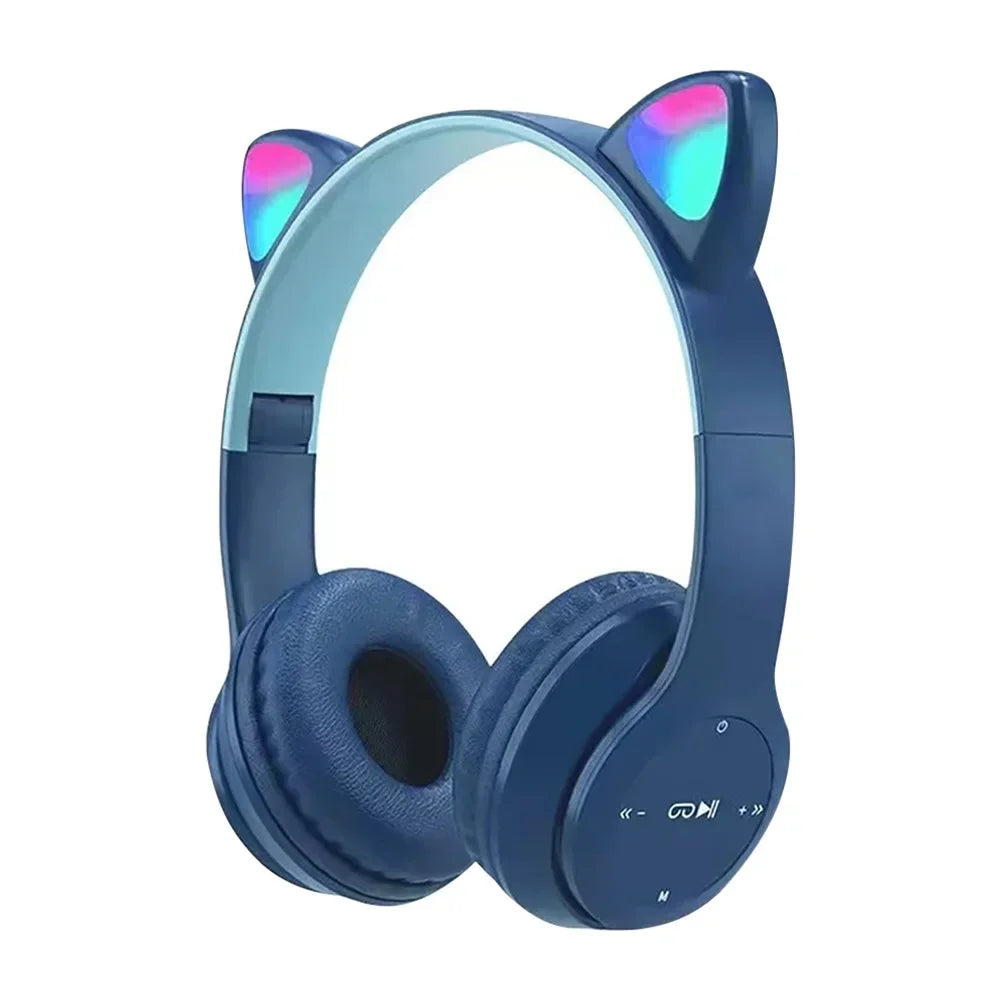 Cute Cat Ear Bluetooth Compatible Headset with LED Wireless Headset Children Girls Stereo Folding Sports Headset with Microphone