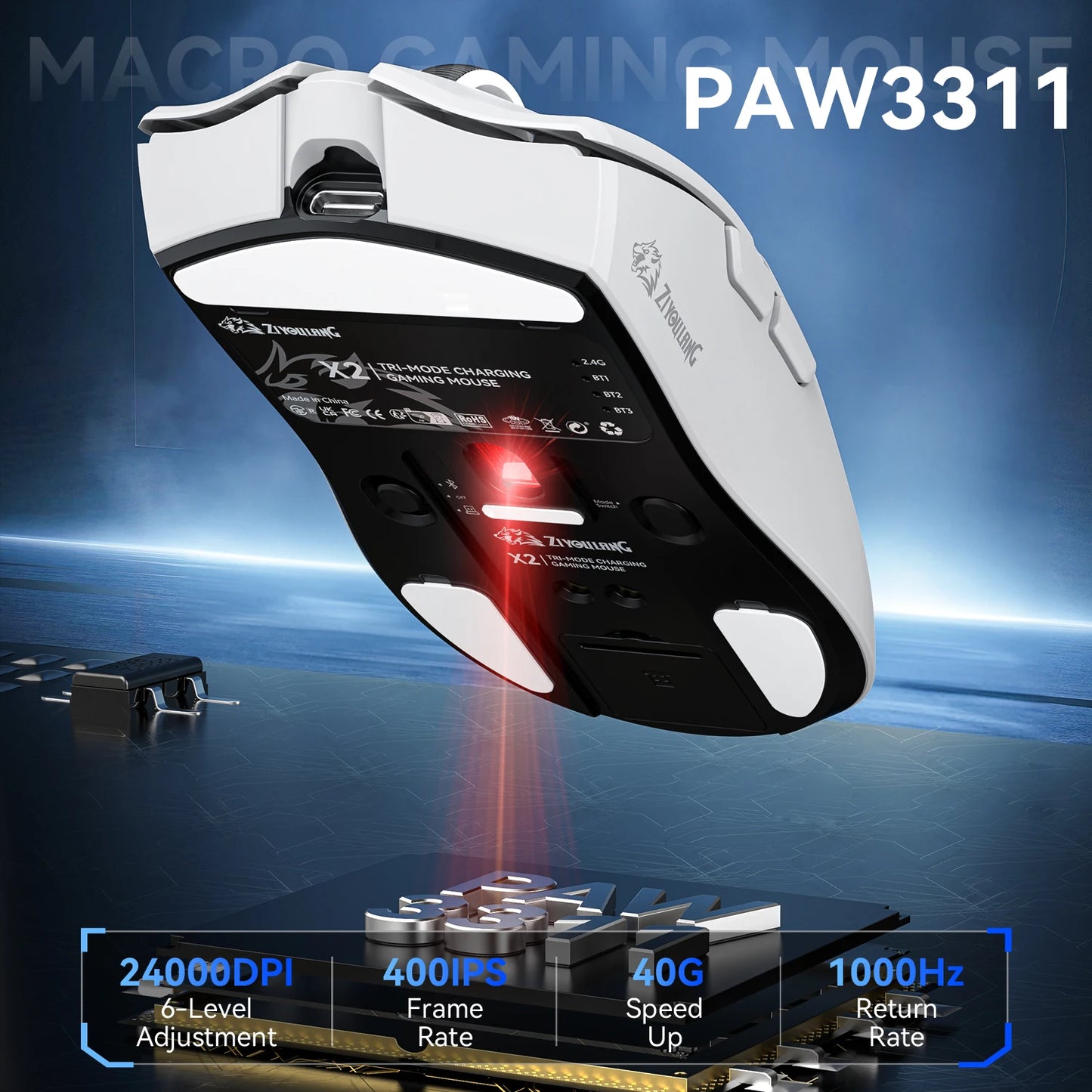 X2 wireless mouse PAW3311 like shark attack x11, Bluetooth/2.4G/wired mouse suitable for mini PC laptops gaming, Macro DPI 24000