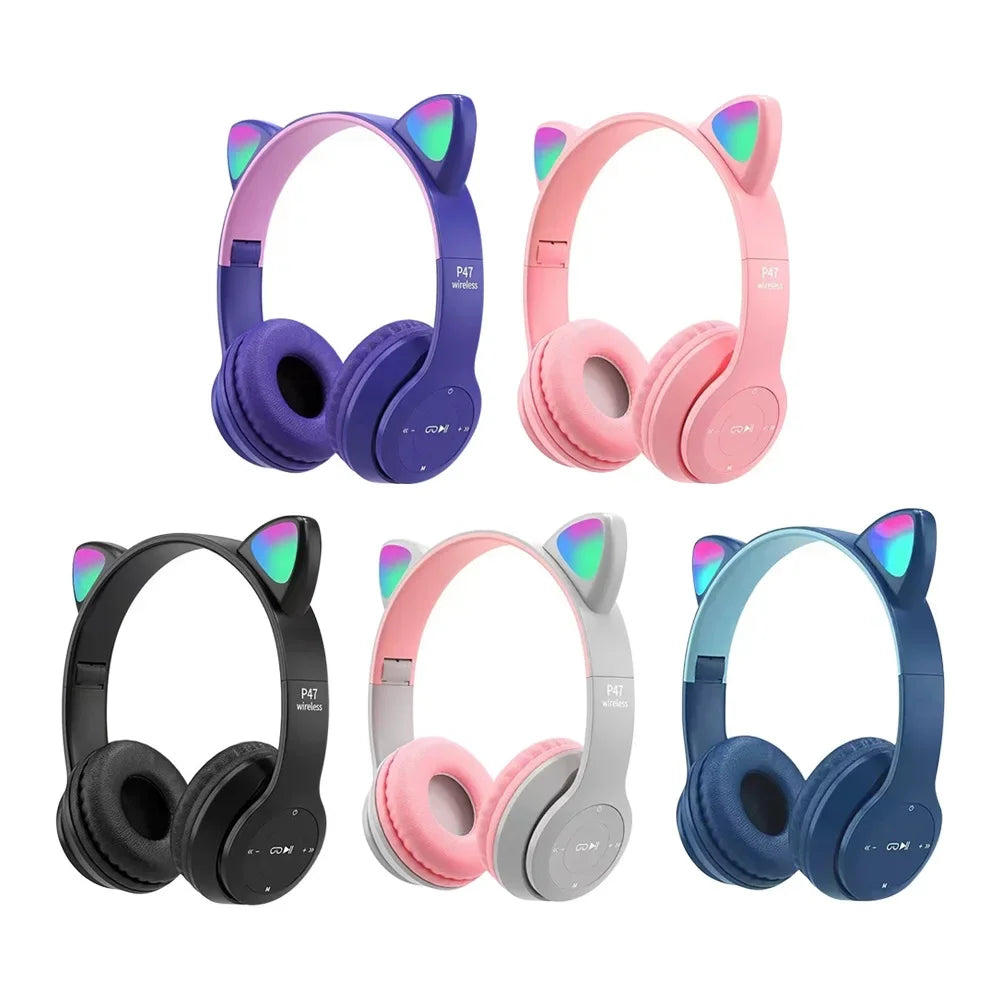 Cute Cat Ear Bluetooth Compatible Headset with LED Wireless Headset Children Girls Stereo Folding Sports Headset with Microphone