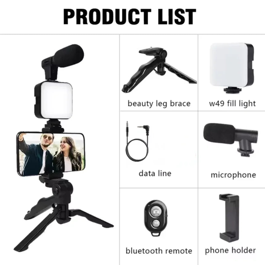 Smartphone Vlogging Kit With Tripod Phone Holder Mini Microphone LED Fill Light Starter For TikTok Live Stream Video YouTube