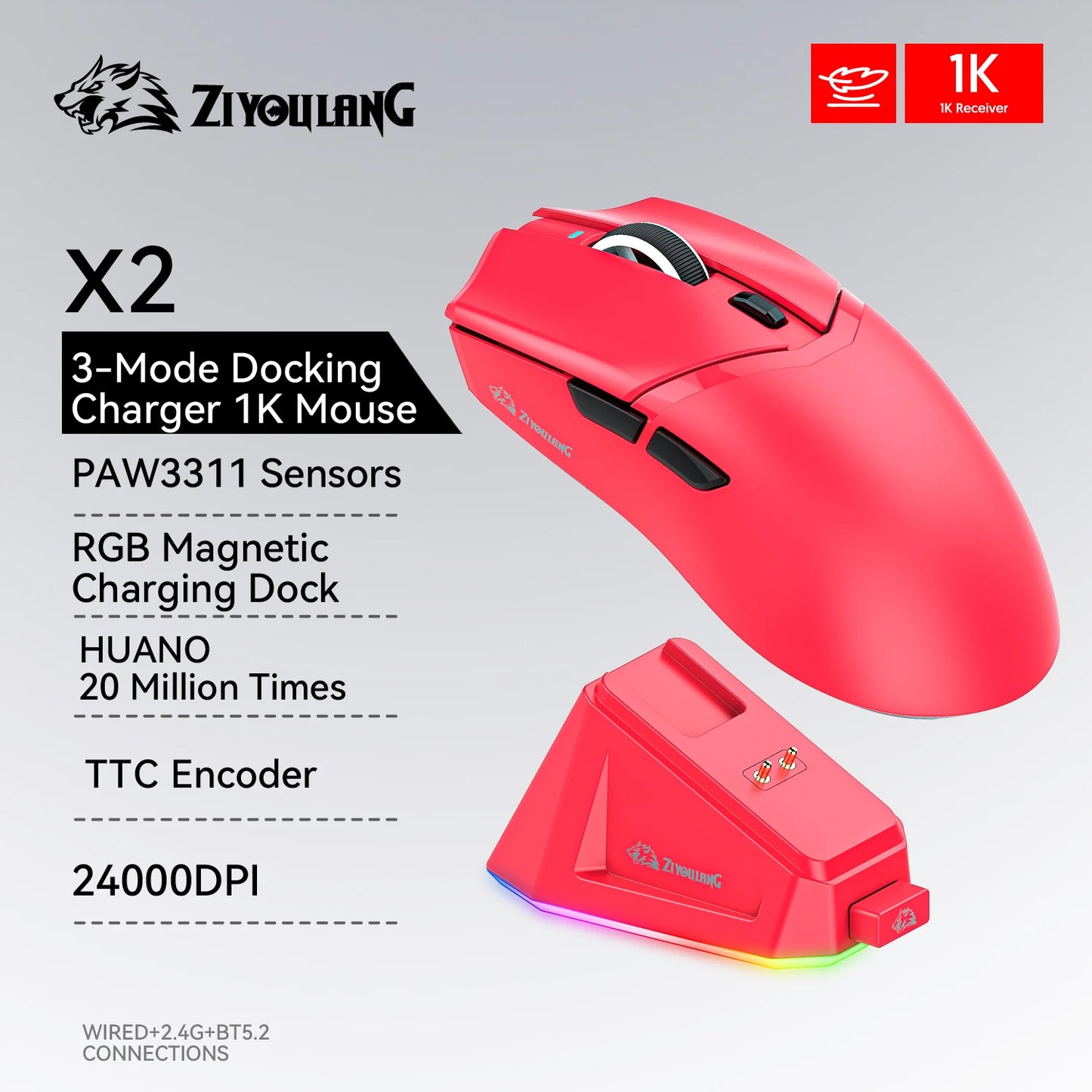 X2 wireless mouse PAW3311 like shark attack x11, Bluetooth/2.4G/wired mouse suitable for mini PC laptops gaming, Macro DPI 24000